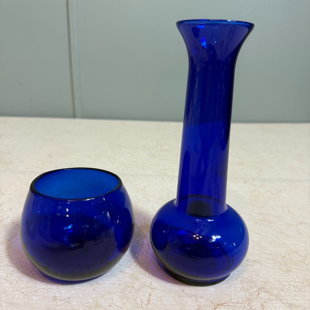 Vtg Cobalt Blue Art Glass Vase‎ & Bowl Set Hand Blown Mid Century Modern Decor